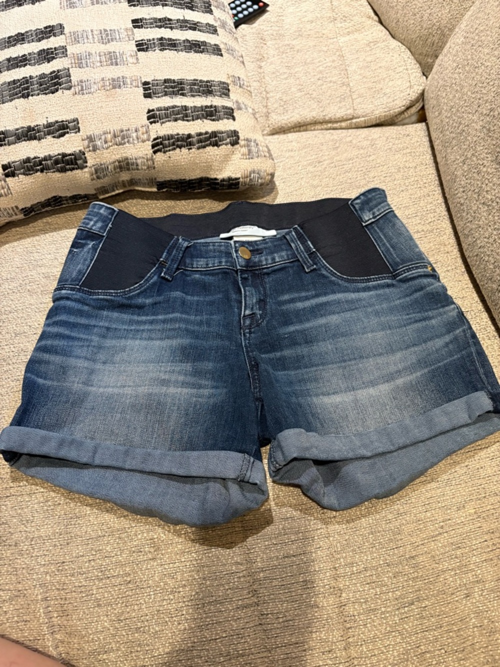 Liz Lange Dark Blue Denim Maternity Roll-Cuff Shorts with Black Waistband